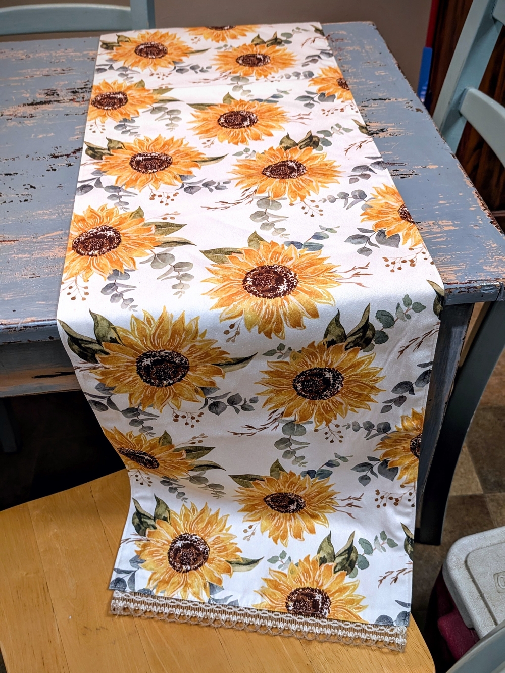 Sunflower Eucalyptus Table Runner Crochet Lace Trim, 70" x 13"